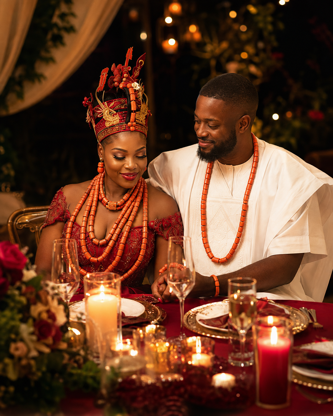A couple wearing traditional African wedding attire